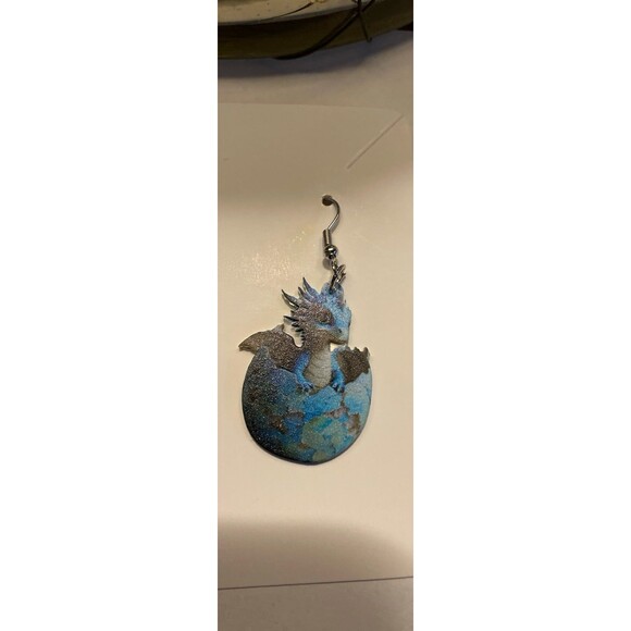 Blue Baby Dragon Hatching from Reptile Egg Earrings Dangle Quirky Whimsical - Picture 3 of 7